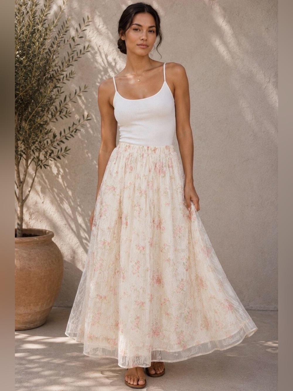 Rosie Posie Floral Mesh Maxi Skirt Sheer Overlay Romantic NWT Medium Elastic